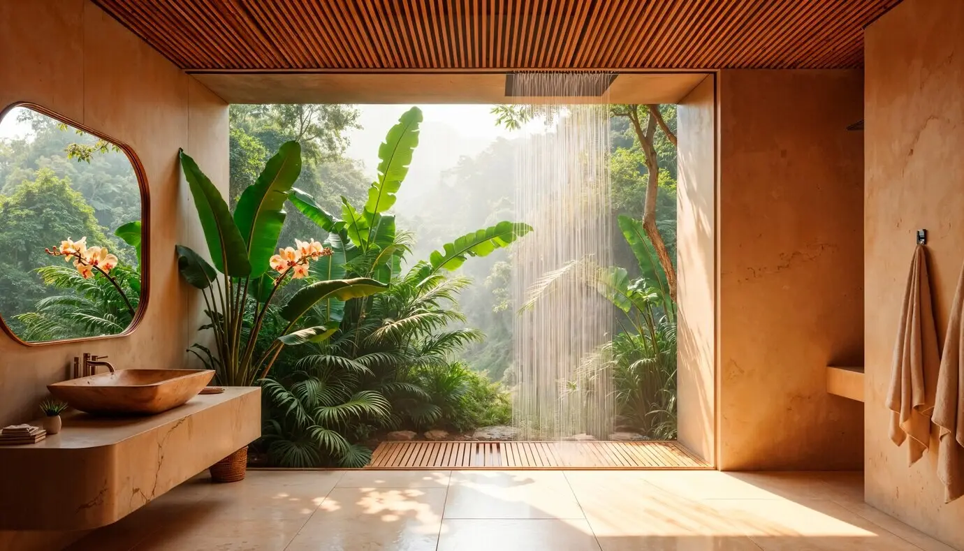 Tropische Badezimmer-Oase mit offener Dusche